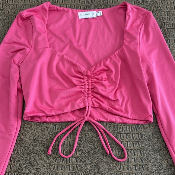 THATSSOFETCH Hot Pink Long Sleeve Ruched Drawstring Crop Top Size 6 - Picture 2 of 6